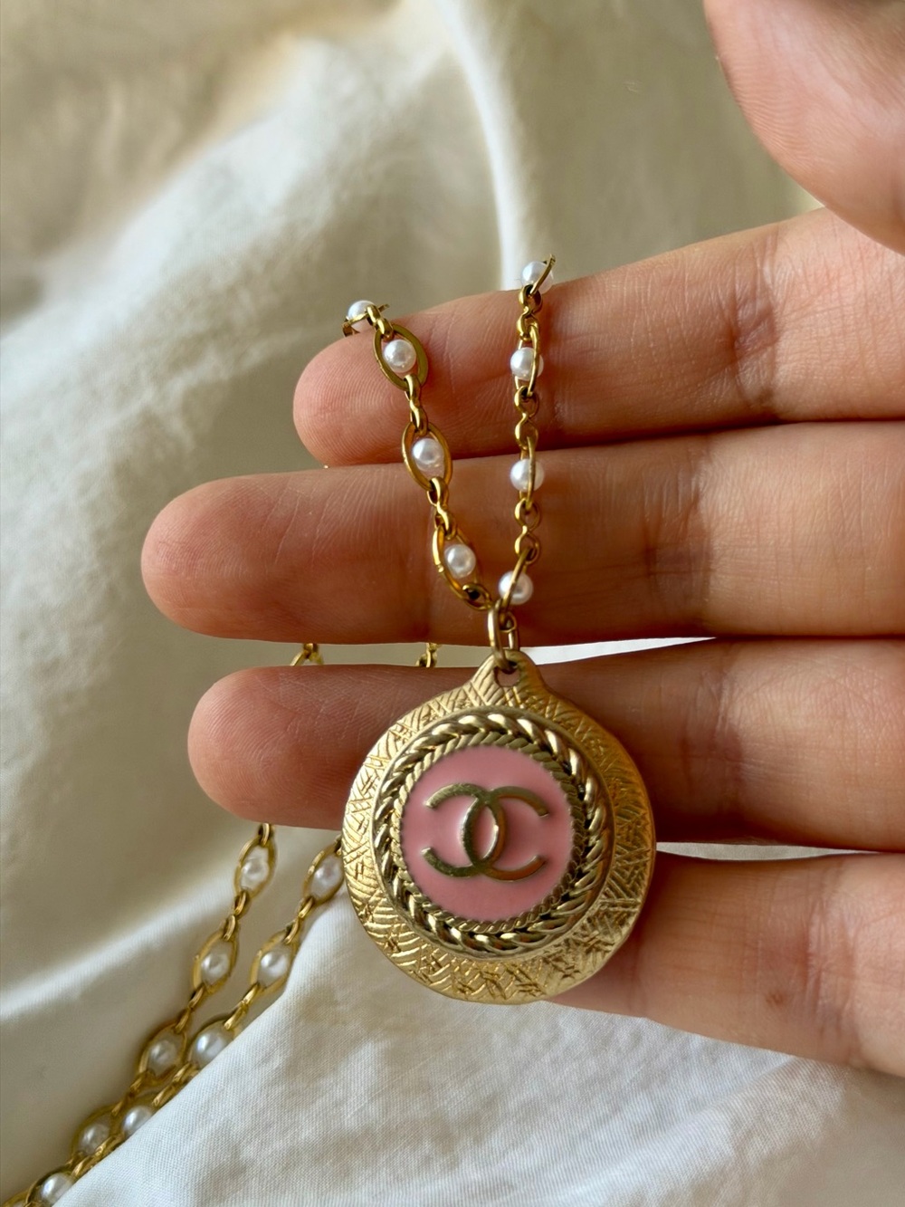 CHANEL Pink Enamel CC Medallion Pearl Chain Necklace
